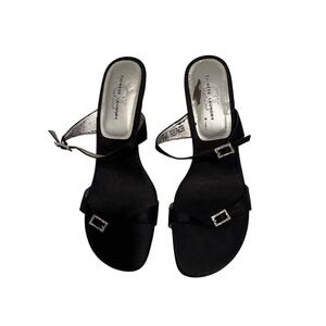 Chinese Laundry Jet Set Black Fabric Rhinestone Buckle Kitten Heel Sandals 9M